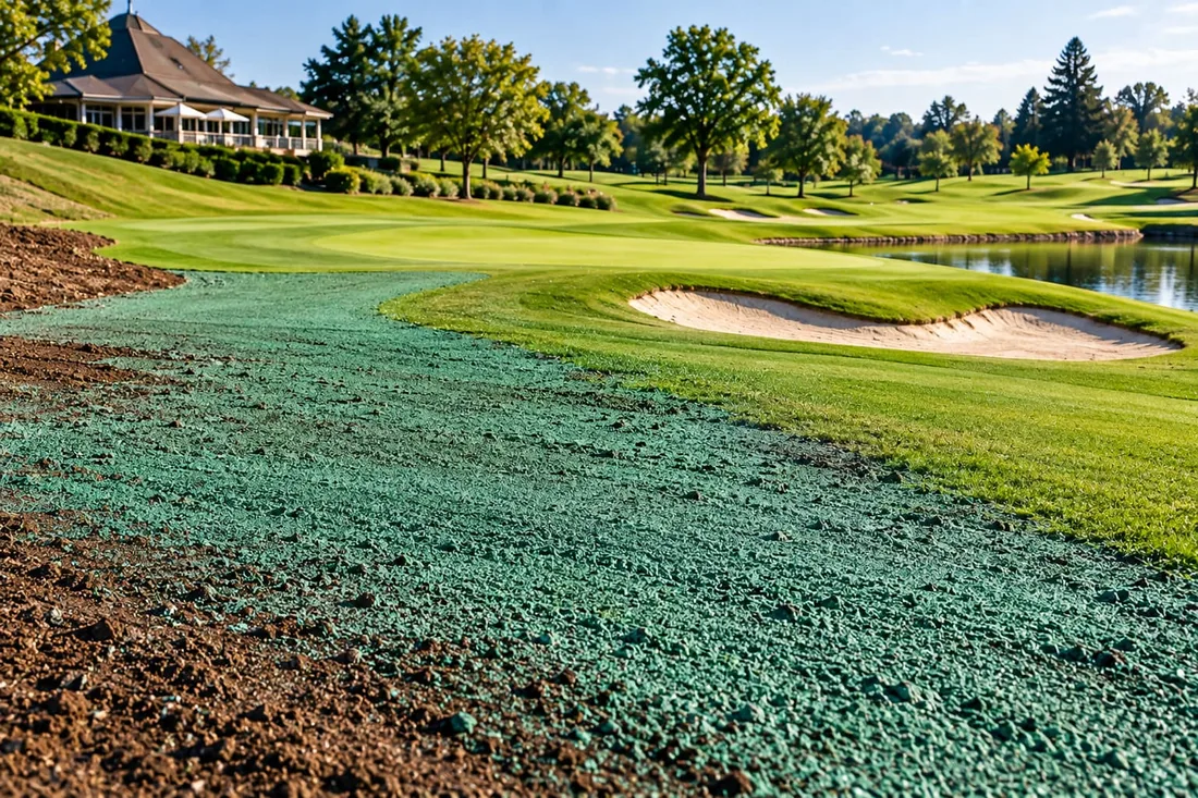 Zone de parcours de golf ensemencée par hydroseeding, à côté d’un bunker