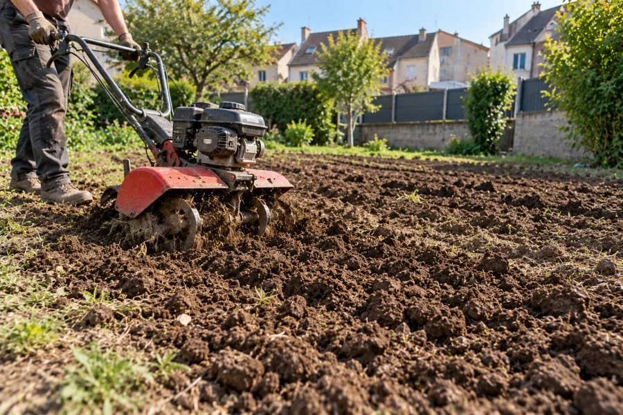 Travail du sol au motoculteur dans un jardin avant engazonnement