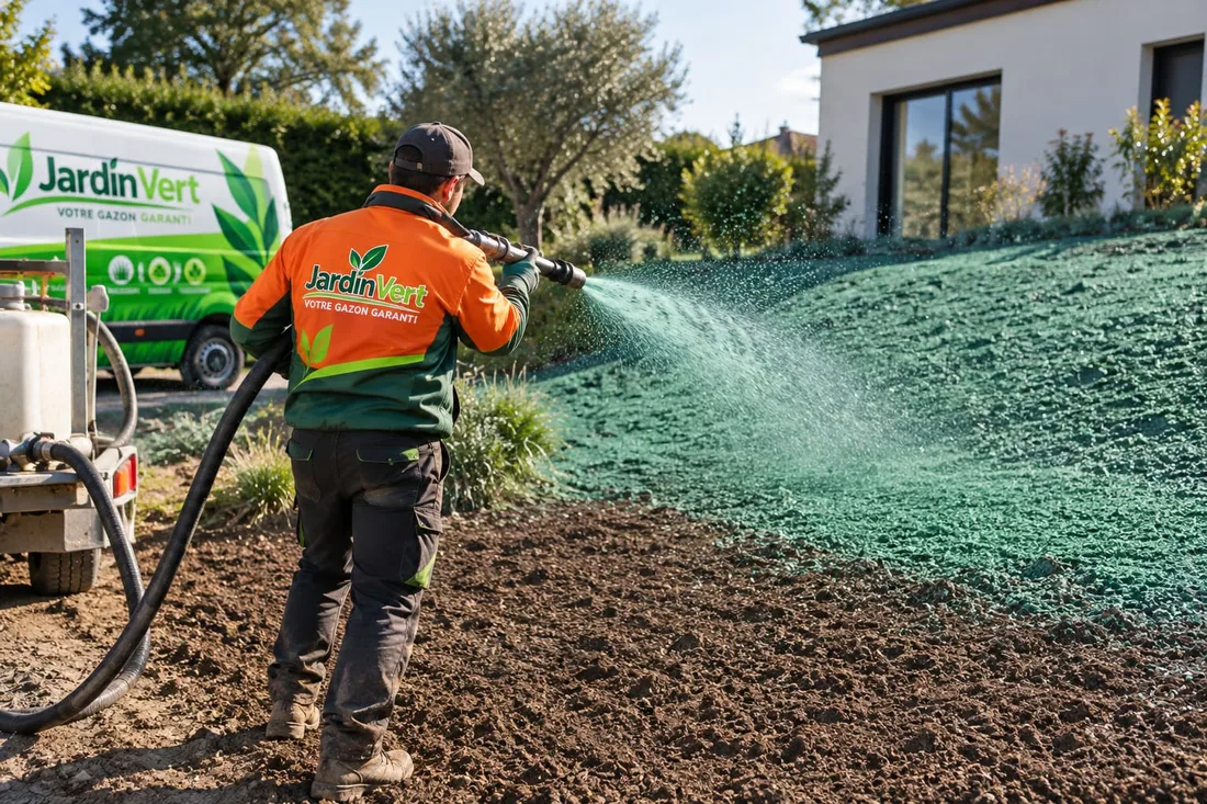 Projection d’hydroseeding sur une terre remaniée autour d’une maison