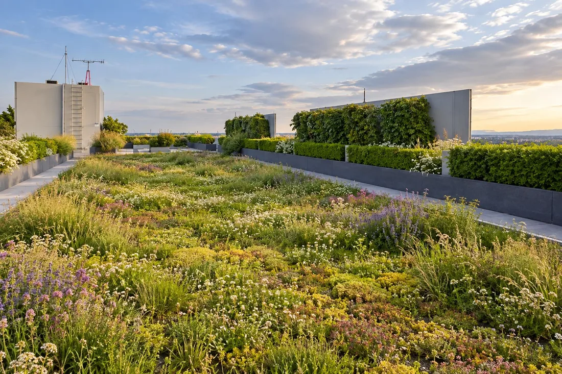 Toiture-terrasse végétalisée de sedums et de vivaces, bordée de haies